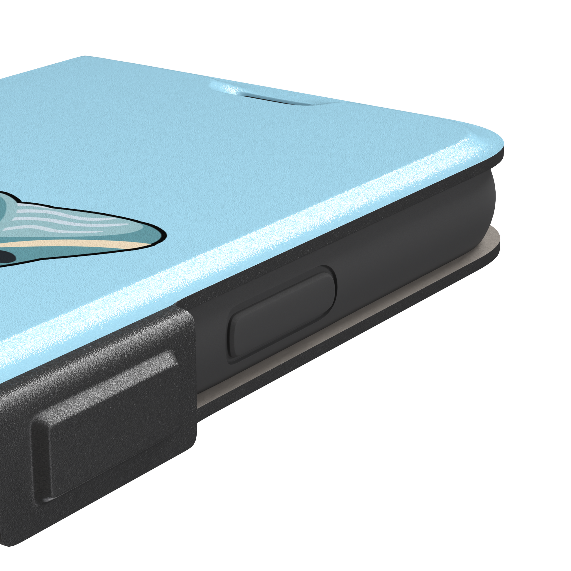 Sky-blue phone case featuring a cute cartoon humpback whale breaching from splashing waves, rendered in teal and cream with bold outlines, phone case by Caselier — wallet case, volume buttons detail