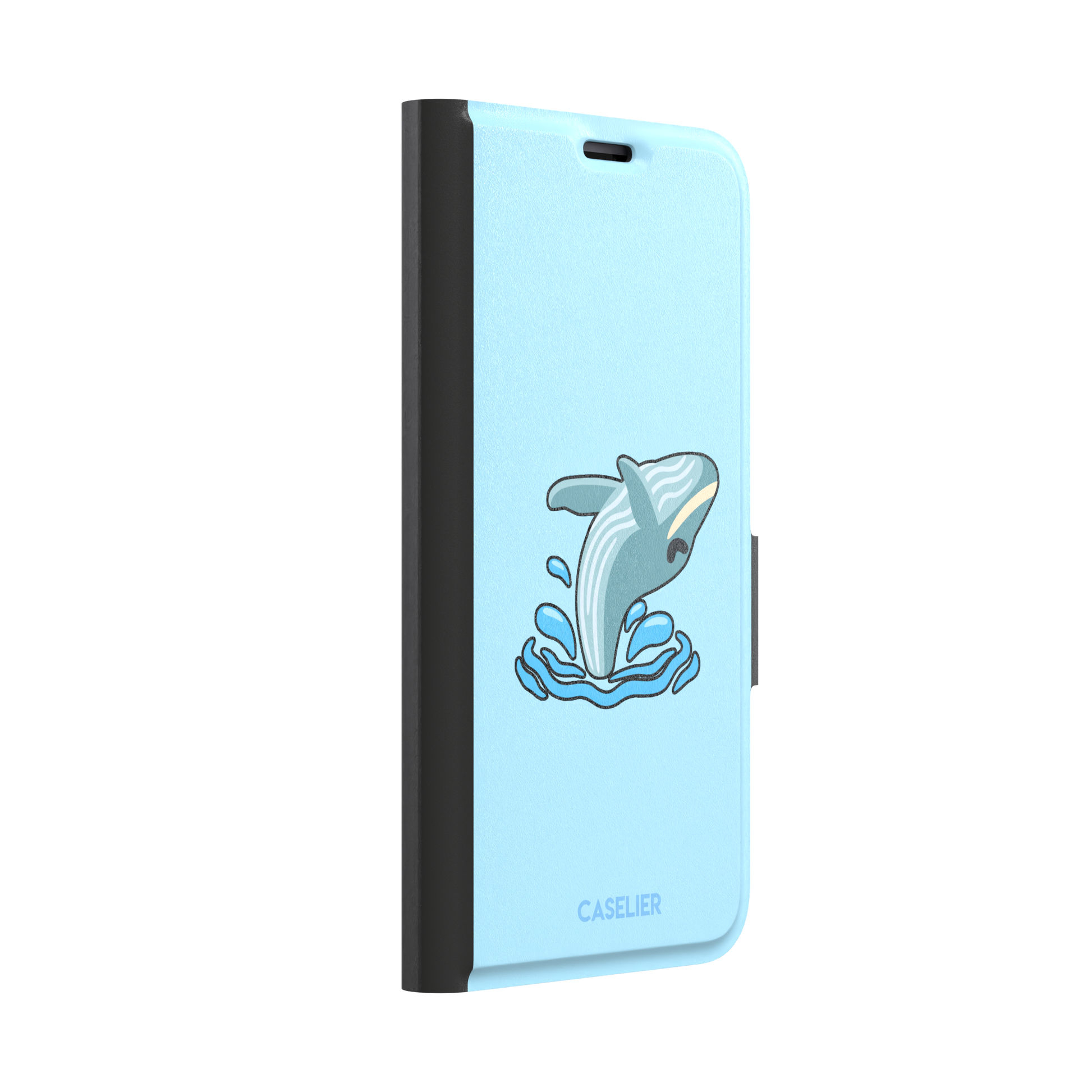 Sky-blue phone case featuring a cute cartoon humpback whale breaching from splashing waves, rendered in teal and cream with bold outlines, phone case by Caselier — wallet case, left view