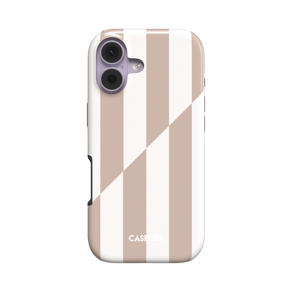 Split Stripes snap phone case in beige and white bold vertical stripes with diagonal split detail, slightly angled rear view showing side profile, white background, phone case by Caselier - tough case, front view | Caselier