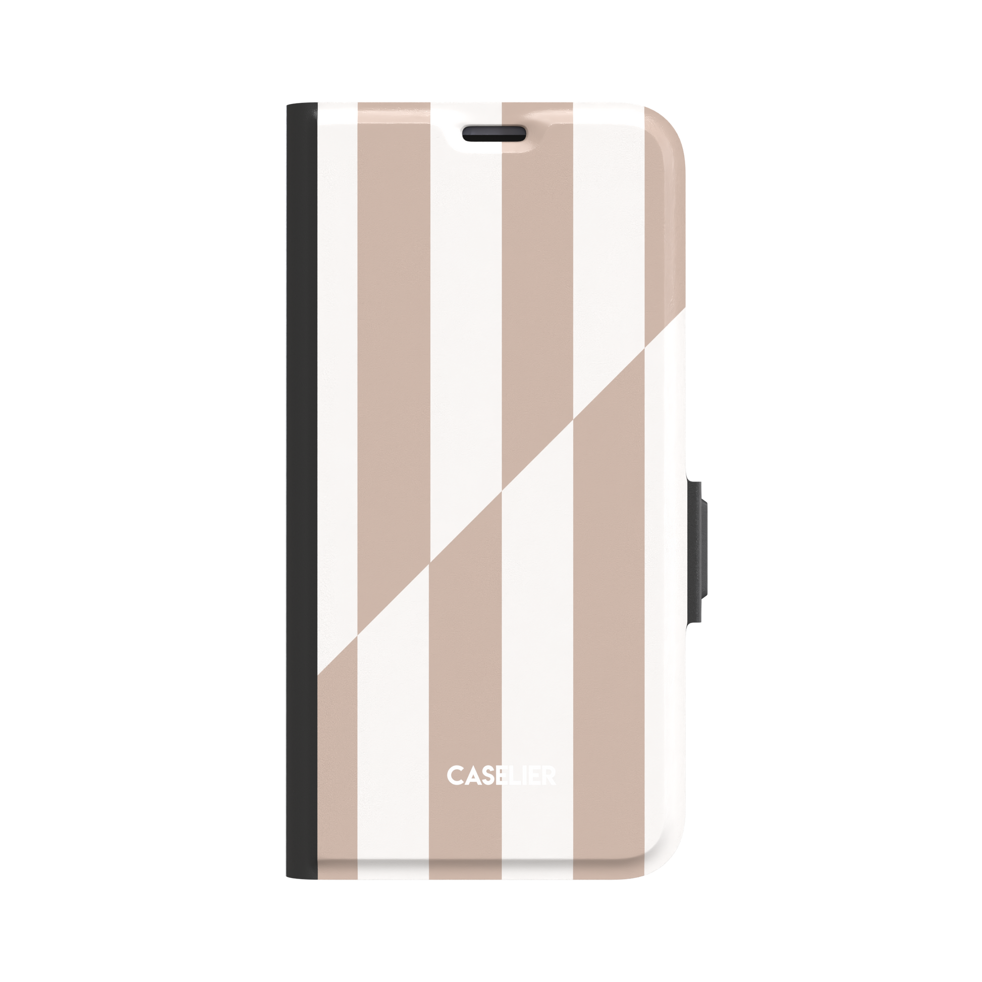 Split Stripes folio wallet phone case in beige and white vertical stripes with diagonal split, front-facing view showing black spine and side clasp, white background, phone case by Caselier - wallet case, front view | Caselier