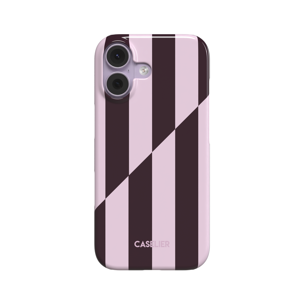 Split Stripes snap phone case in deep plum and pale pink wide vertical stripes with diagonal split, front-facing rear view, white background, phone case by Caselier - snap case, front view | Caselier