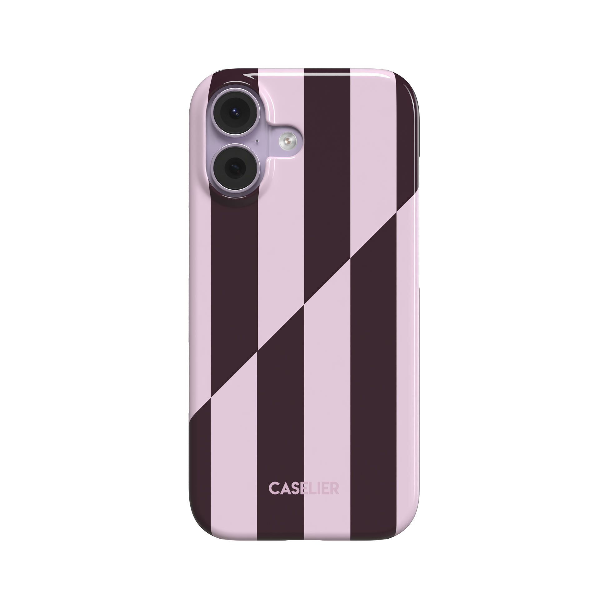 Split Stripes snap phone case in deep plum and pale pink wide vertical stripes with diagonal split, front-facing rear view, white background, phone case by Caselier - snap case, front view | Caselier