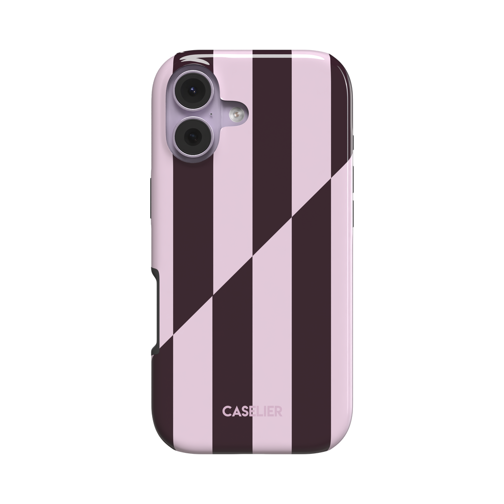 Split Stripes snap phone case in deep plum and pale pink bold vertical stripes with diagonal split, slightly angled rear view showing side profile, white background, phone case by Caselier - tough case, front view | Caselier
