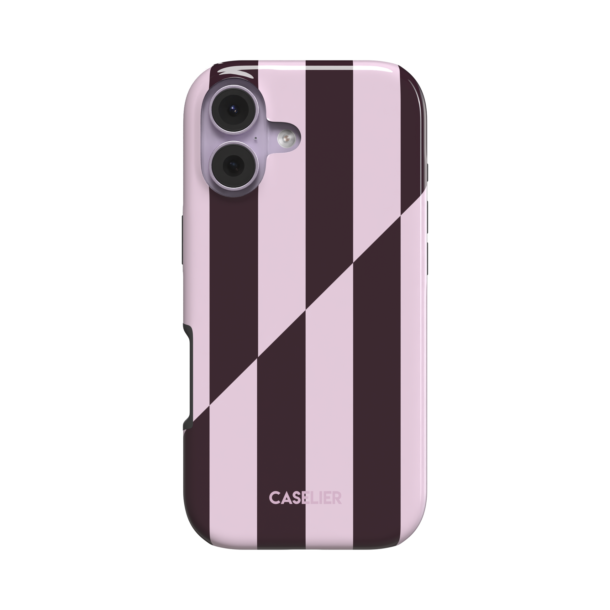 Split Stripes snap phone case in deep plum and pale pink bold vertical stripes with diagonal split, slightly angled rear view showing side profile, white background, phone case by Caselier - tough case, front view | Caselier
