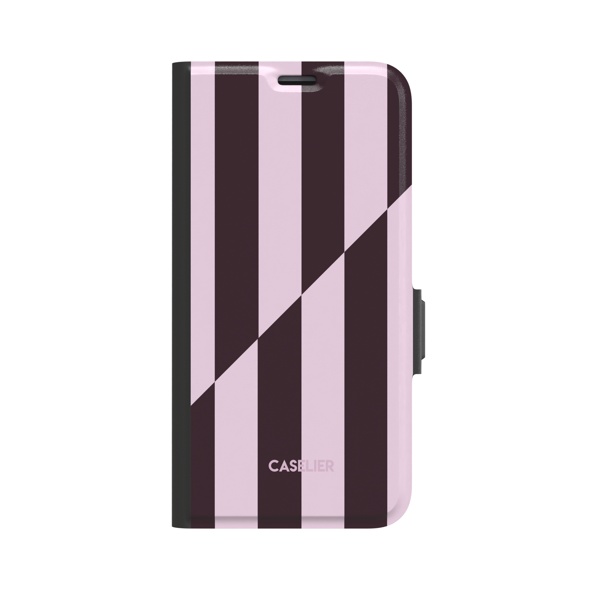 Split Stripes folio wallet phone case in deep plum and pale pink vertical stripes with diagonal split, front-facing view showing black spine and side clasp, white background, phone case by Caselier - wallet case, front view | Caselier