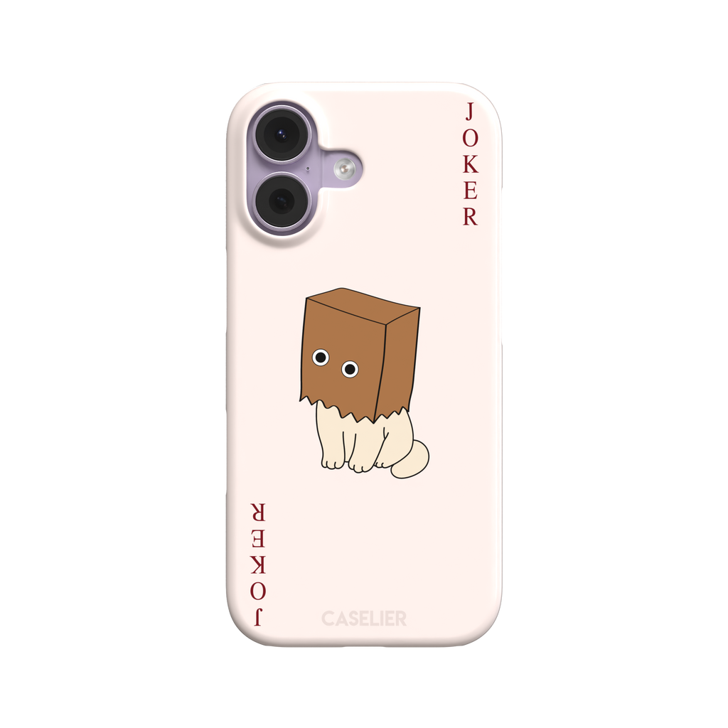 Spooky Joker phone case in blush pink showing a cartoon cat with a brown paper bag over its head styled as a joker playing card, phone case by Caselier — snap case, front view