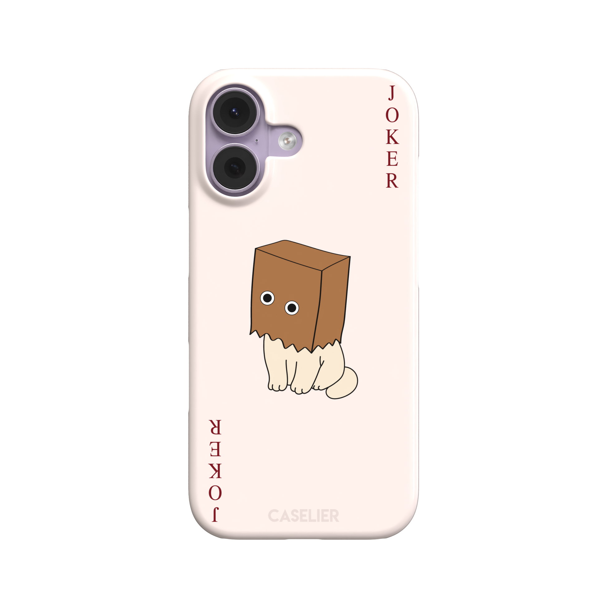 Spooky Joker phone case in blush pink showing a cartoon cat with a brown paper bag over its head styled as a joker playing card, phone case by Caselier — snap case, front view