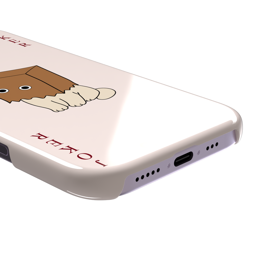 Spooky Joker phone case in blush pink showing a cartoon cat with a brown paper bag over its head styled as a joker playing card, phone case by Caselier — snap case, charging port detail