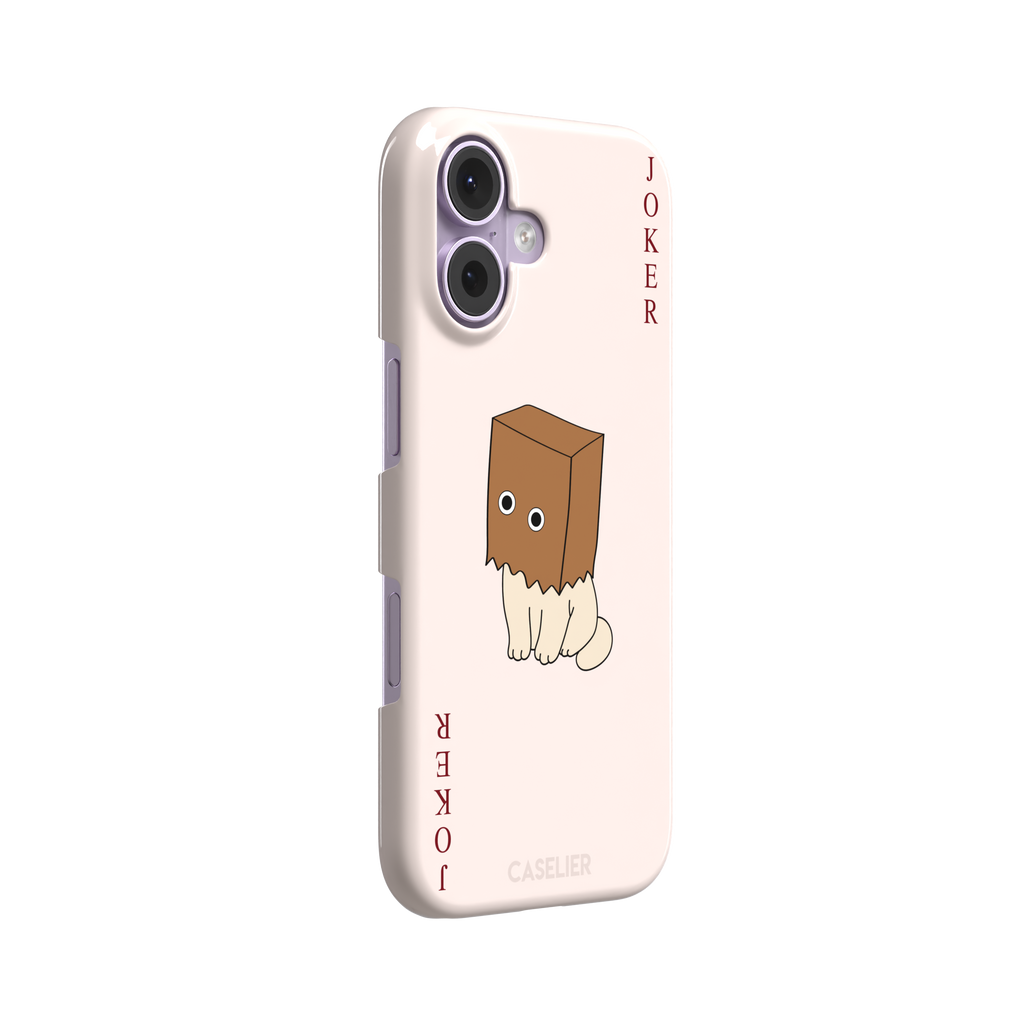 Spooky Joker phone case in blush pink showing a cartoon cat with a brown paper bag over its head styled as a joker playing card, phone case by Caselier — snap case, left view