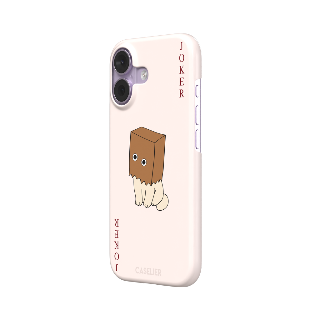 Spooky Joker phone case in blush pink showing a cartoon cat with a brown paper bag over its head styled as a joker playing card, phone case by Caselier — snap case, right view