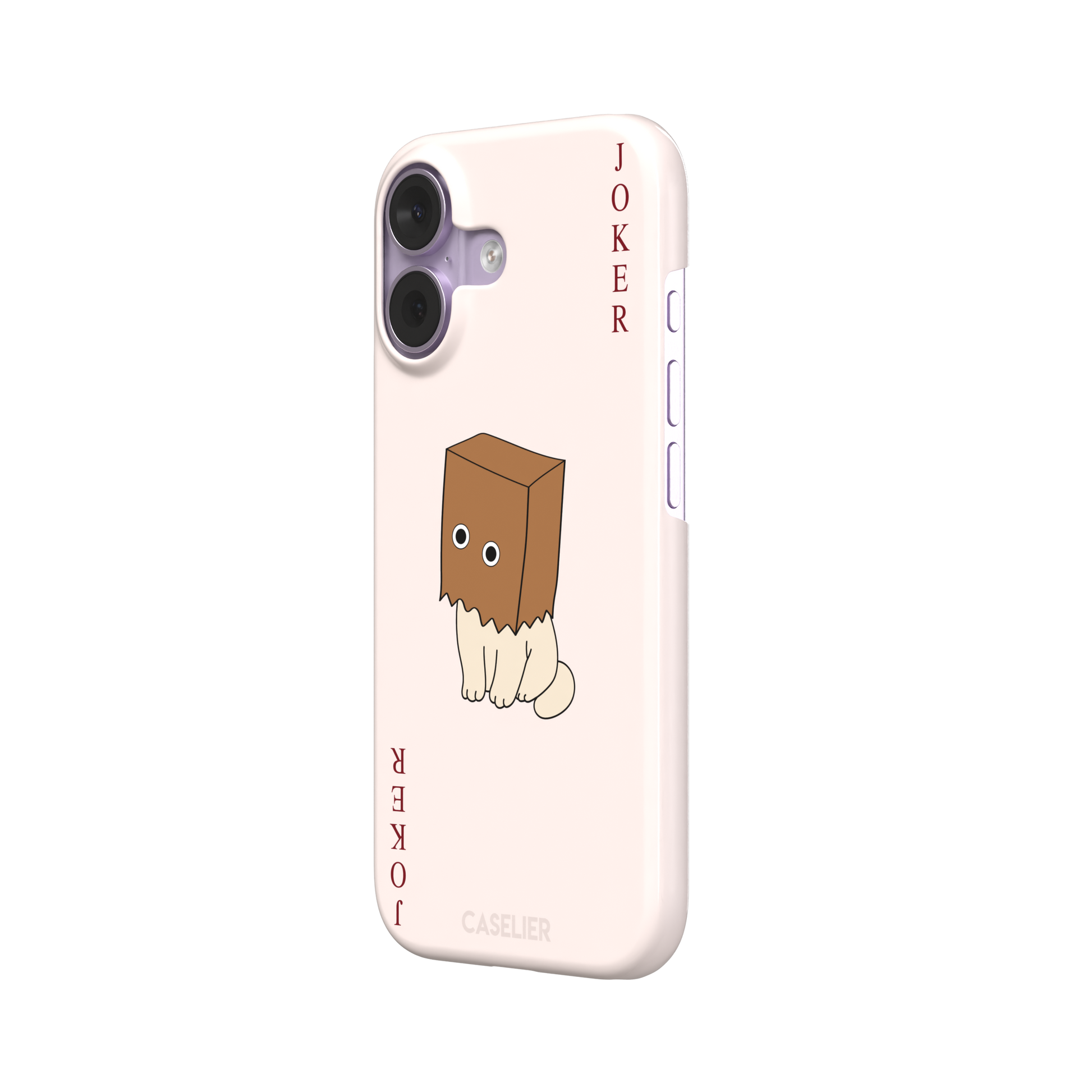 Spooky Joker phone case in blush pink showing a cartoon cat with a brown paper bag over its head styled as a joker playing card, phone case by Caselier — snap case, right view