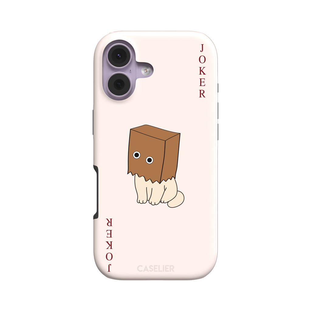 Spooky Joker phone case in blush pink showing a cartoon cat with a brown paper bag over its head styled as a joker playing card, phone case by Caselier — tough case, front view