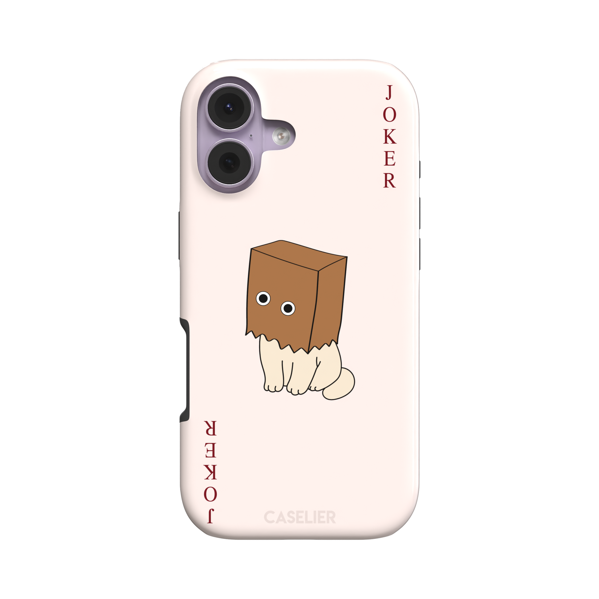 Spooky Joker phone case in blush pink showing a cartoon cat with a brown paper bag over its head styled as a joker playing card, phone case by Caselier — tough case, front view