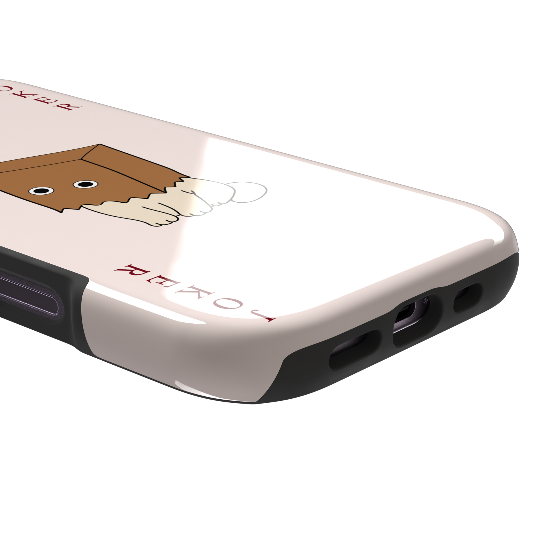 Spooky Joker phone case in blush pink showing a cartoon cat with a brown paper bag over its head styled as a joker playing card, phone case by Caselier — tough case, charging port detail