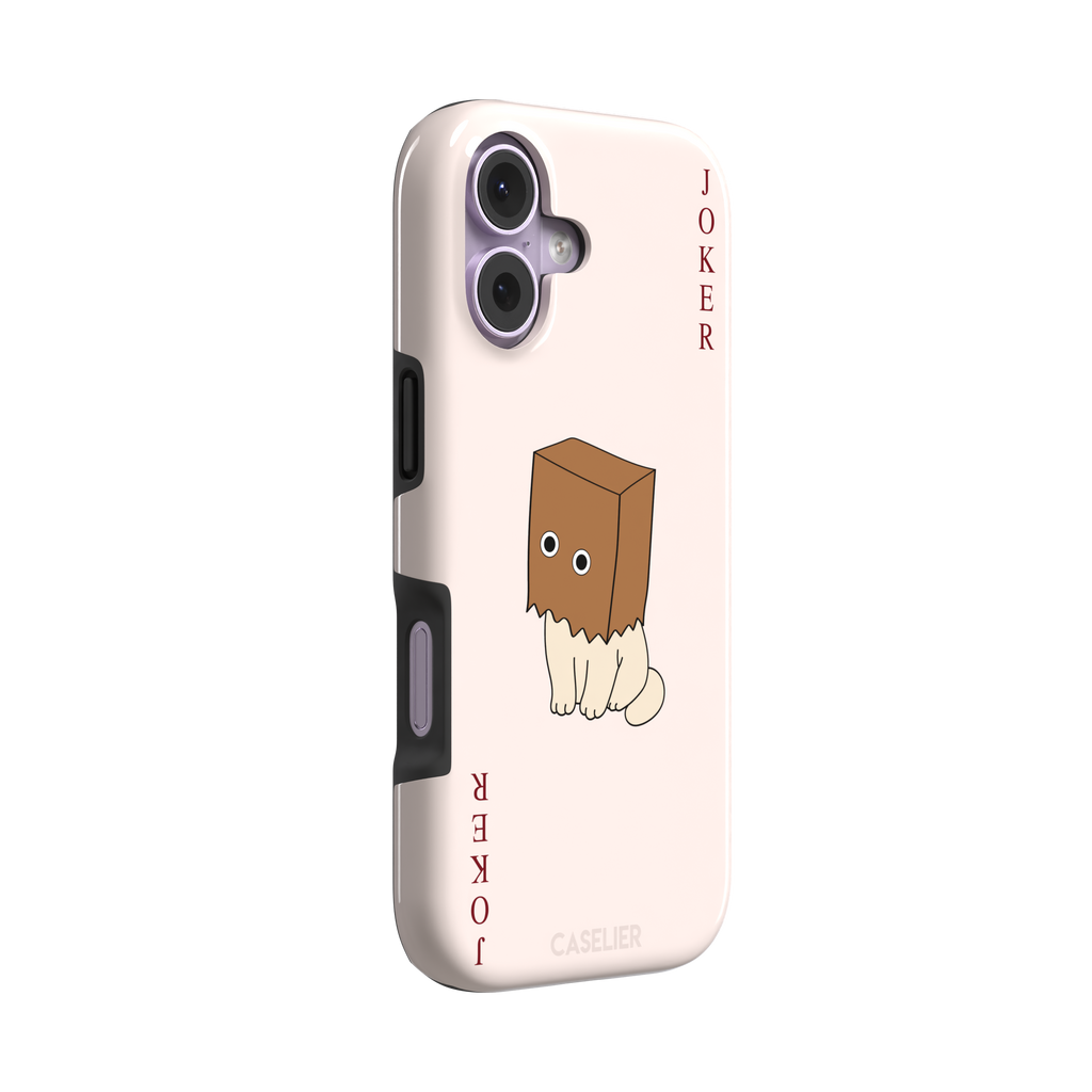Spooky Joker phone case in blush pink showing a cartoon cat with a brown paper bag over its head styled as a joker playing card, phone case by Caselier — tough case, left view