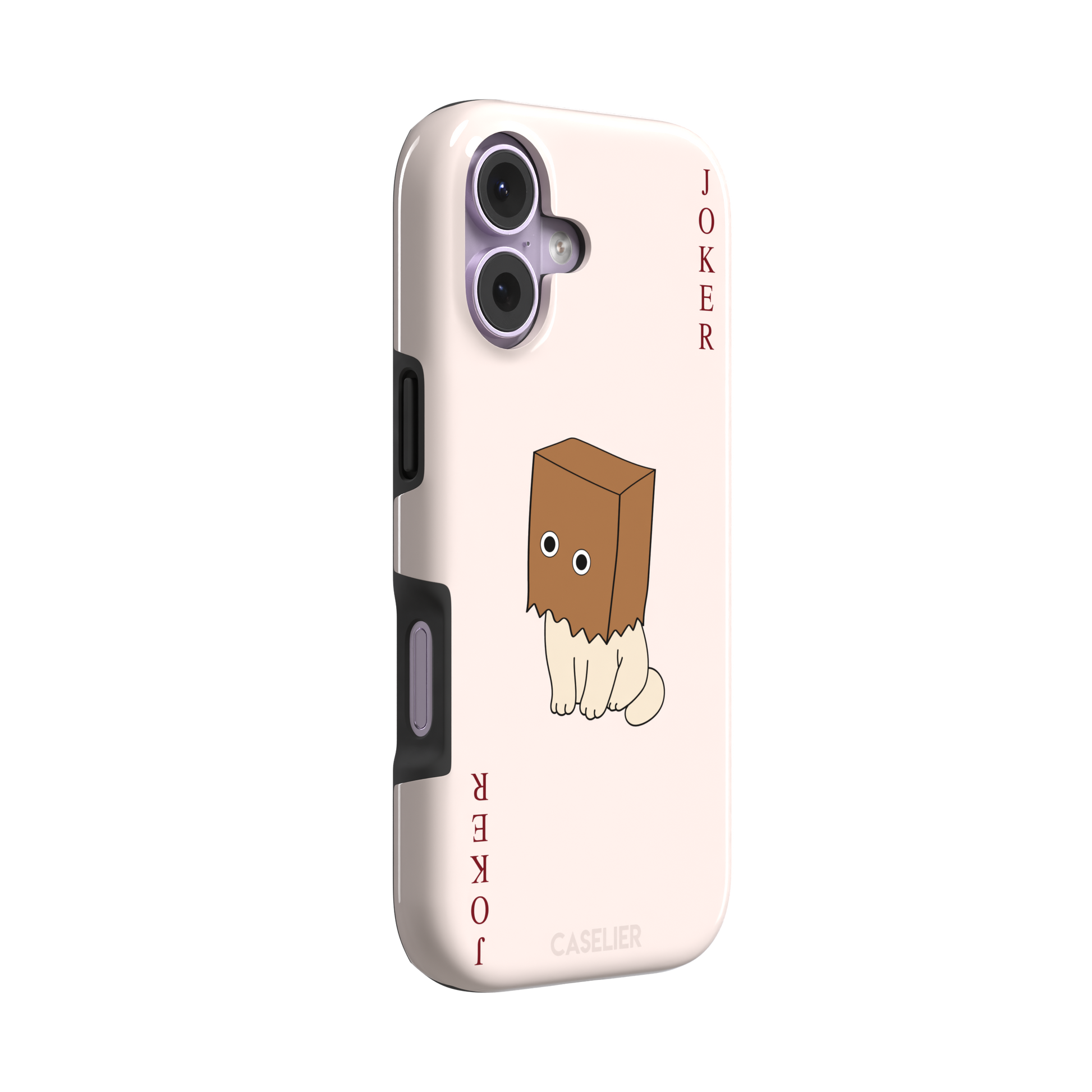 Spooky Joker phone case in blush pink showing a cartoon cat with a brown paper bag over its head styled as a joker playing card, phone case by Caselier — tough case, left view
