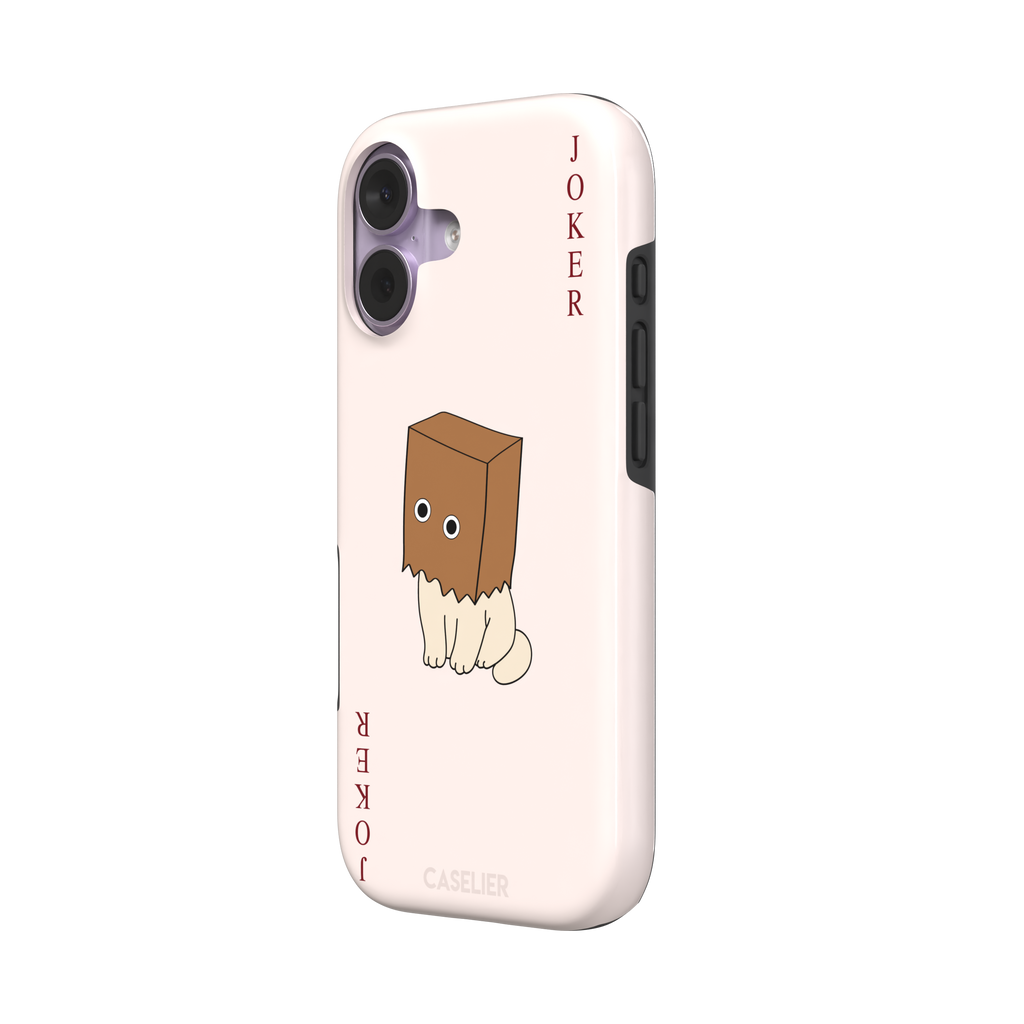 Spooky Joker phone case in blush pink showing a cartoon cat with a brown paper bag over its head styled as a joker playing card, phone case by Caselier — tough case, right view