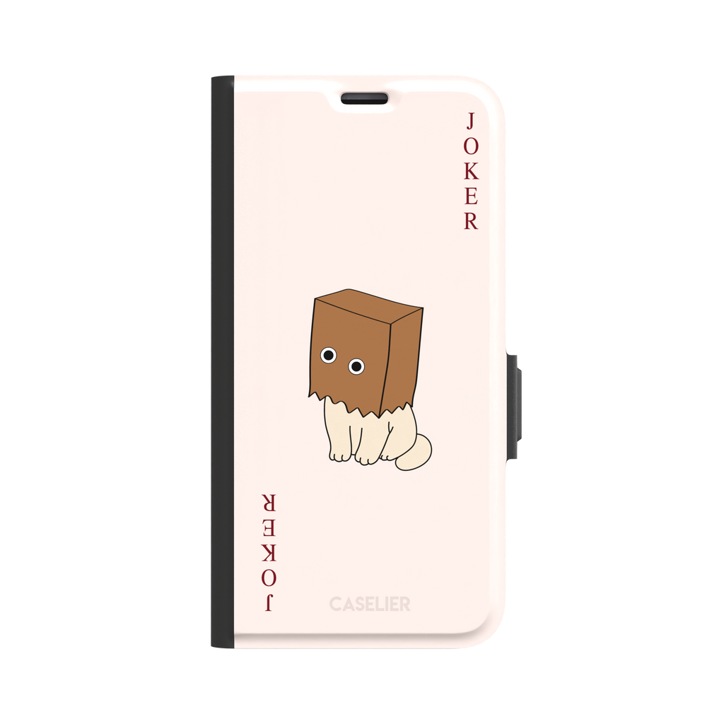 Spooky Joker phone case in blush pink showing a cartoon cat with a brown paper bag over its head styled as a joker playing card, phone case by Caselier — wallet case, front view