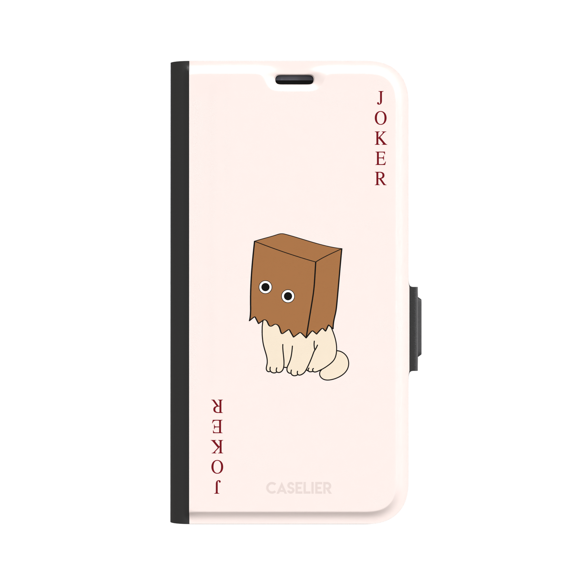 Spooky Joker phone case in blush pink showing a cartoon cat with a brown paper bag over its head styled as a joker playing card, phone case by Caselier — wallet case, front view