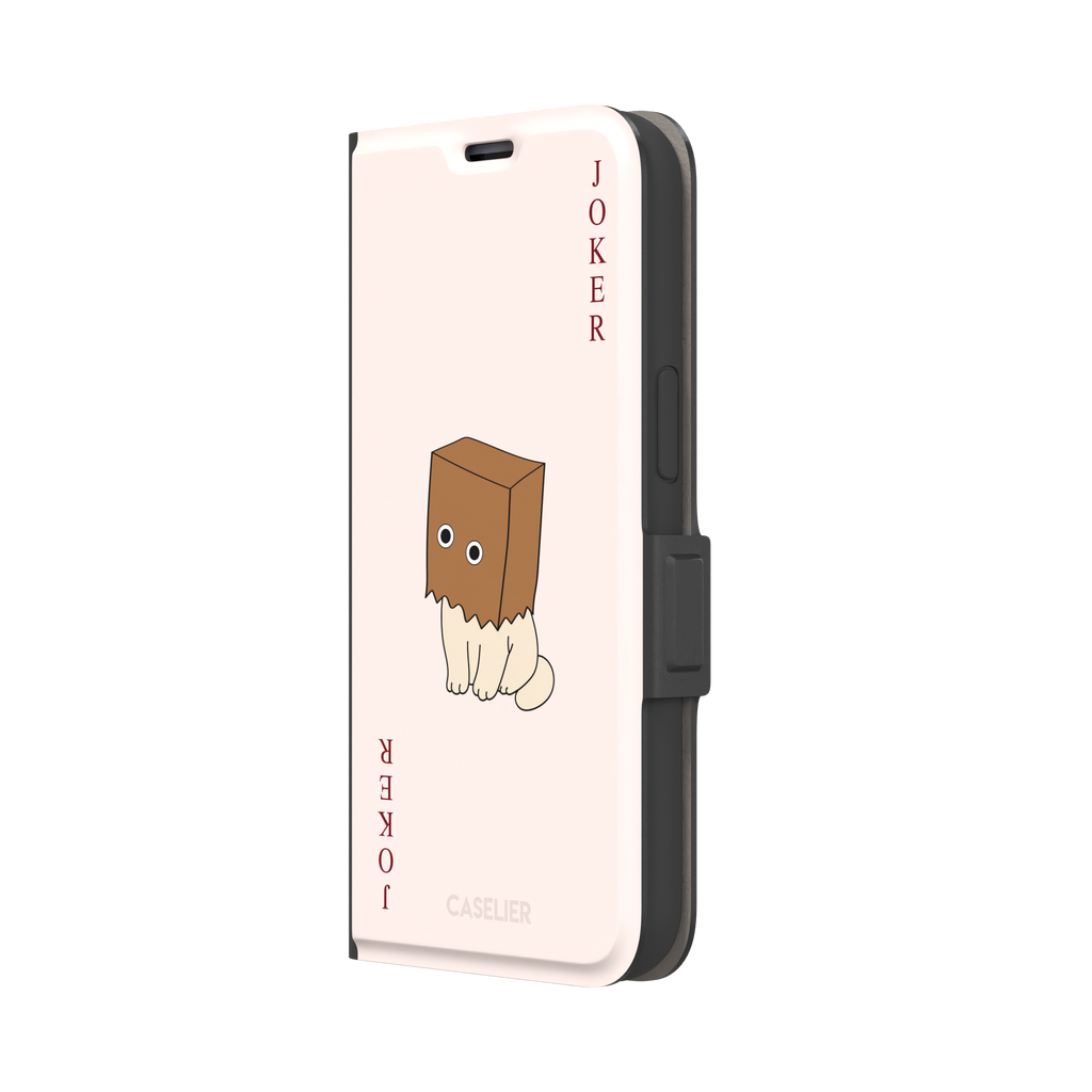 Spooky Joker phone case in blush pink showing a cartoon cat with a brown paper bag over its head styled as a joker playing card, phone case by Caselier — wallet case, right view