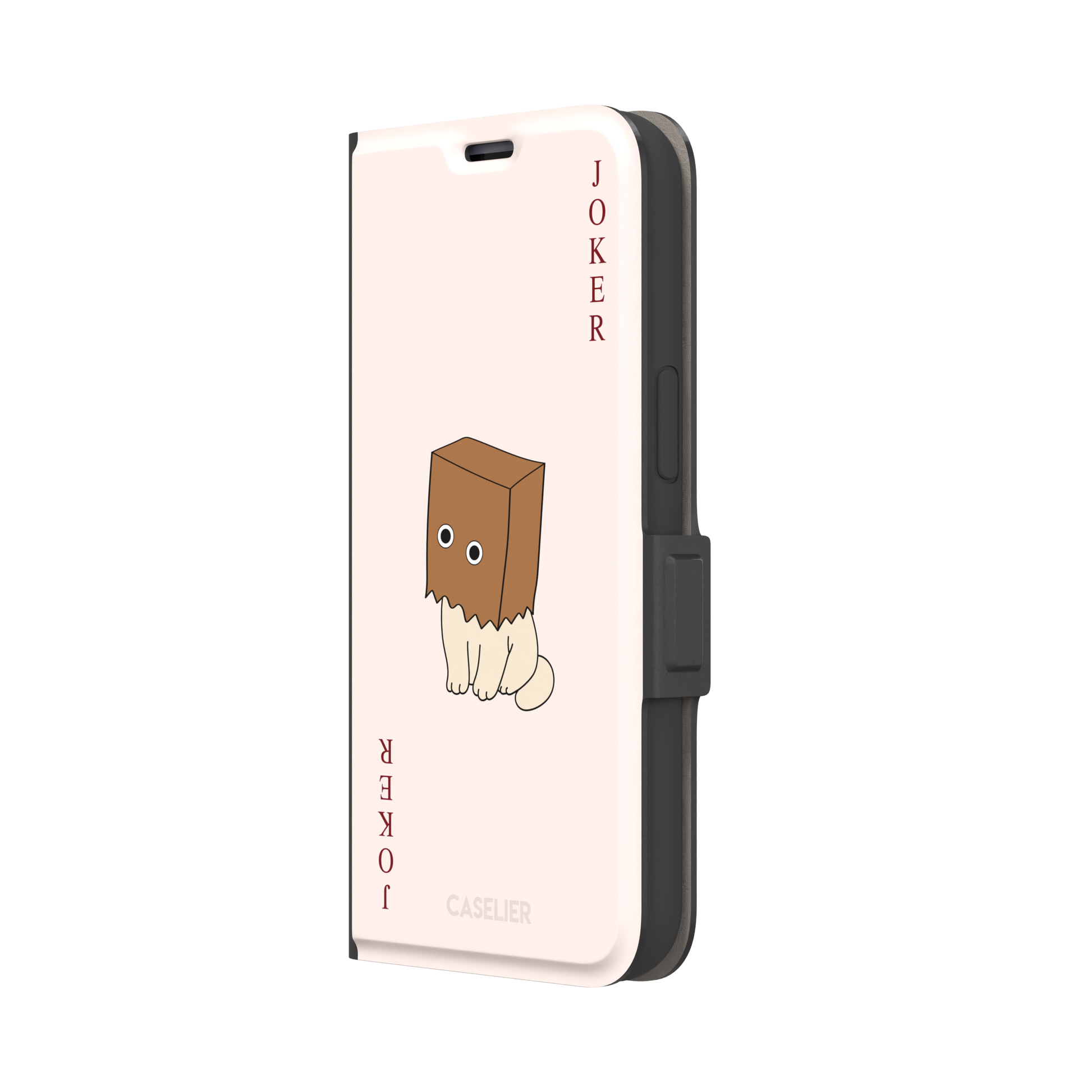 Spooky Joker phone case in blush pink showing a cartoon cat with a brown paper bag over its head styled as a joker playing card, phone case by Caselier — wallet case, right view