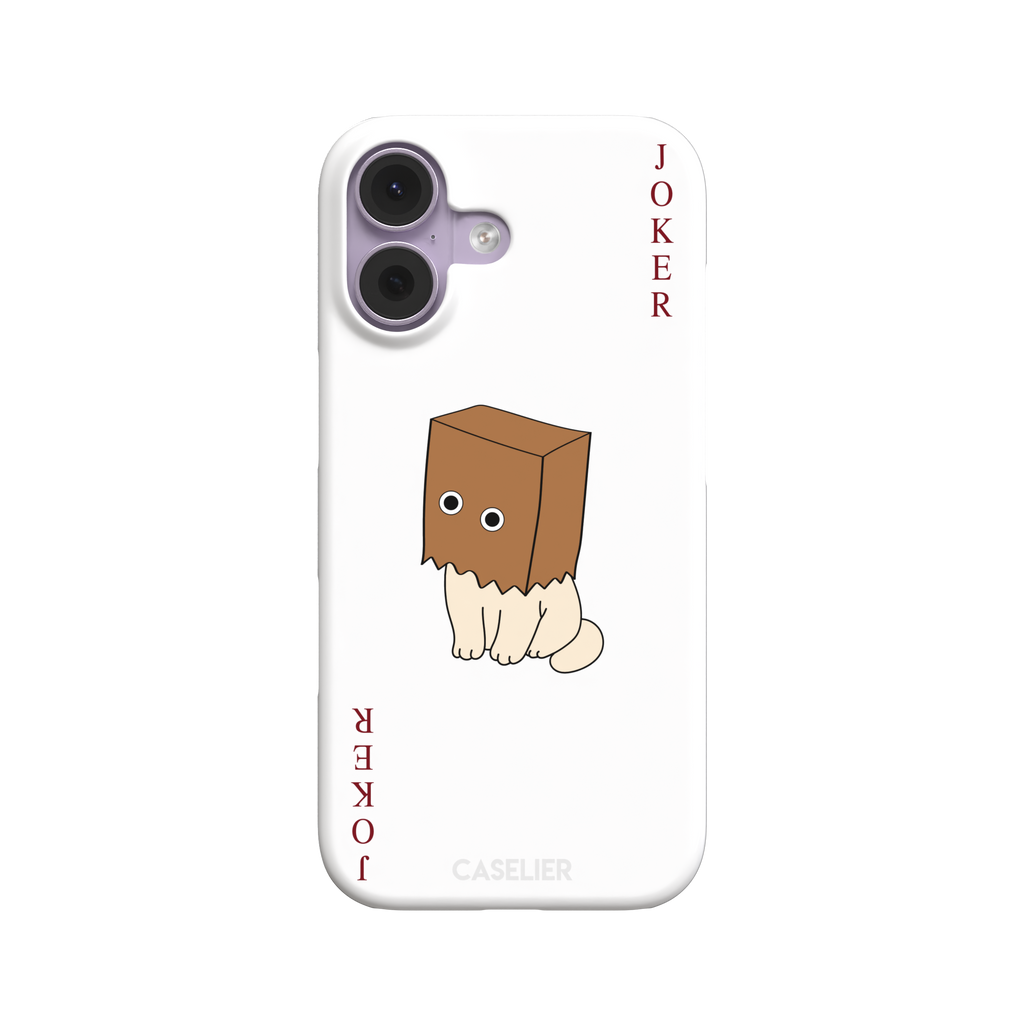 Spooky Joker phone case in white showing a cartoon cat with a brown paper bag over its head styled as a joker playing card, phone case by Caselier — snap case, front view