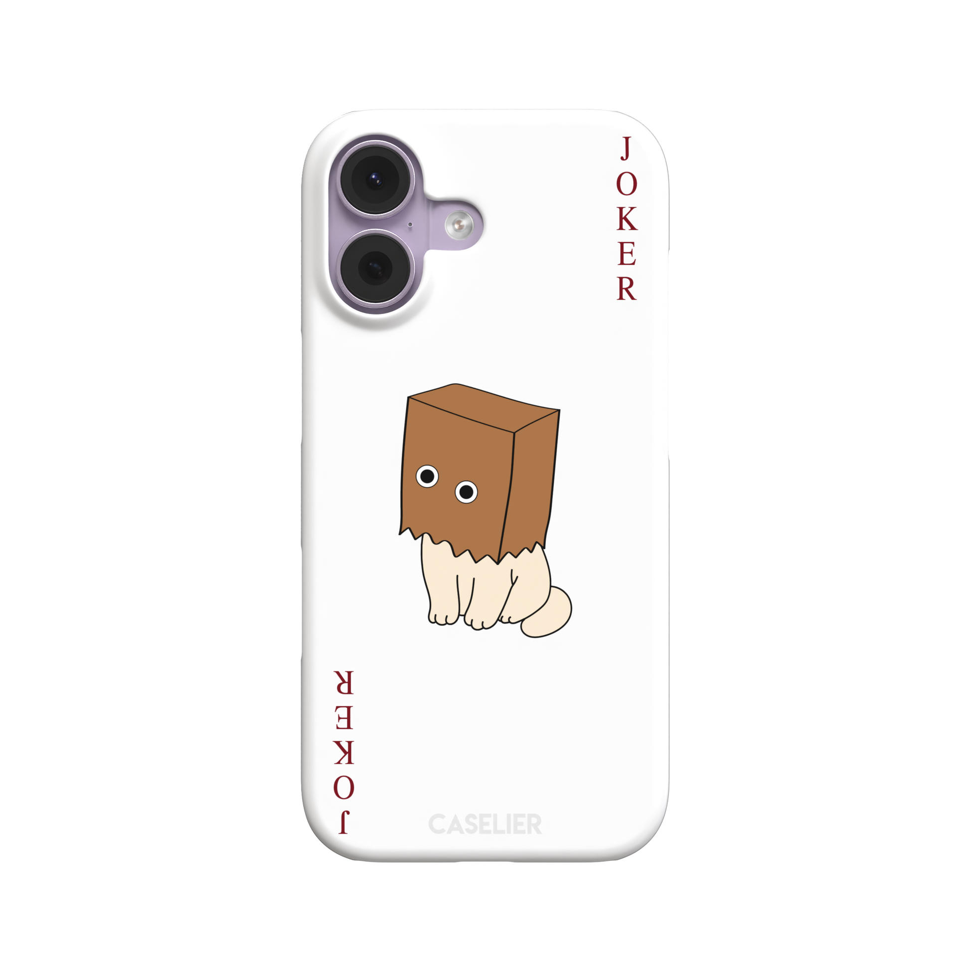 Spooky Joker phone case in white showing a cartoon cat with a brown paper bag over its head styled as a joker playing card, phone case by Caselier — snap case, front view