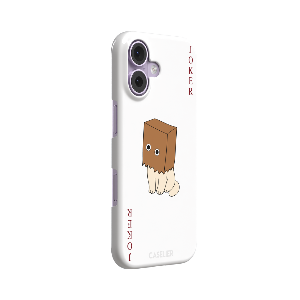 Spooky Joker phone case in white showing a cartoon cat with a brown paper bag over its head styled as a joker playing card, phone case by Caselier — snap case, left view