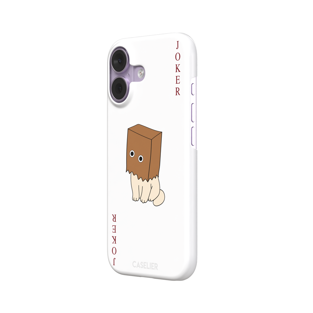 Spooky Joker phone case in white showing a cartoon cat with a brown paper bag over its head styled as a joker playing card, phone case by Caselier — snap case, right view