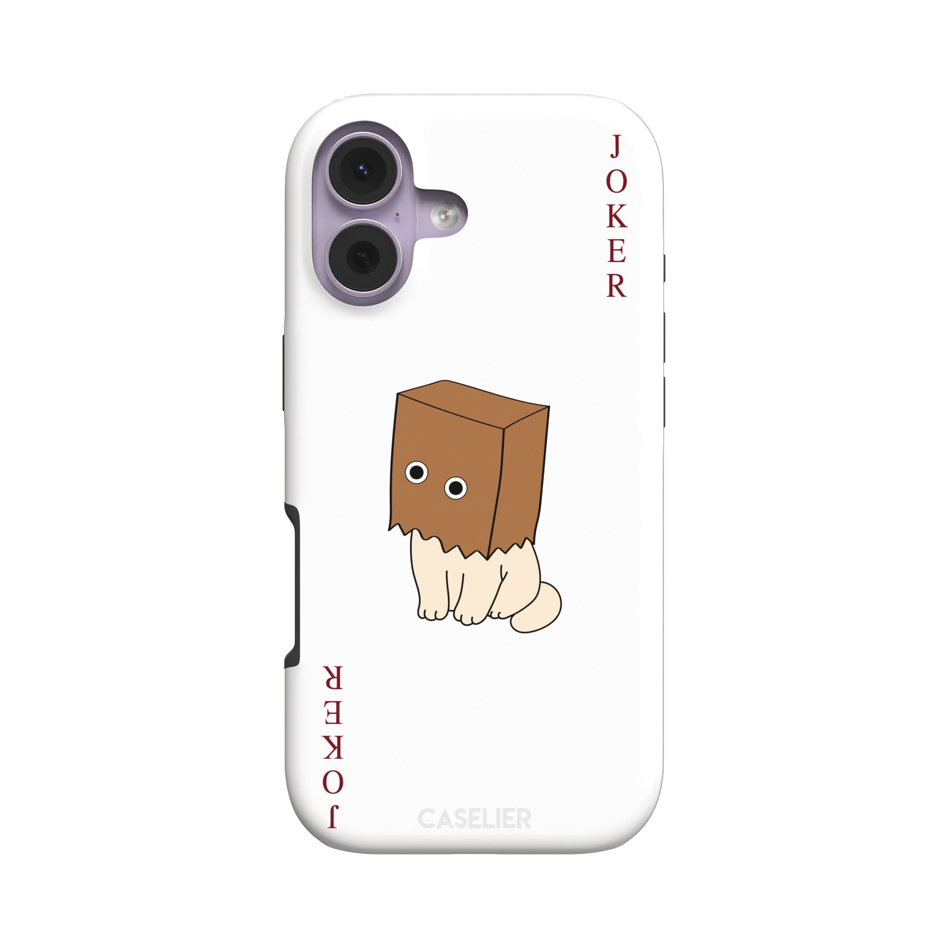 Spooky Joker phone case in white showing a cartoon cat with a brown paper bag over its head styled as a joker playing card, phone case by Caselier — tough case, front view