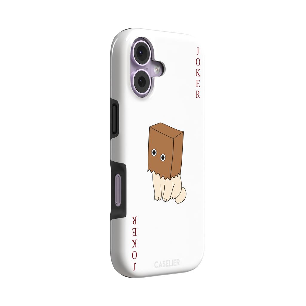Spooky Joker phone case in white showing a cartoon cat with a brown paper bag over its head styled as a joker playing card, phone case by Caselier — tough case, left view