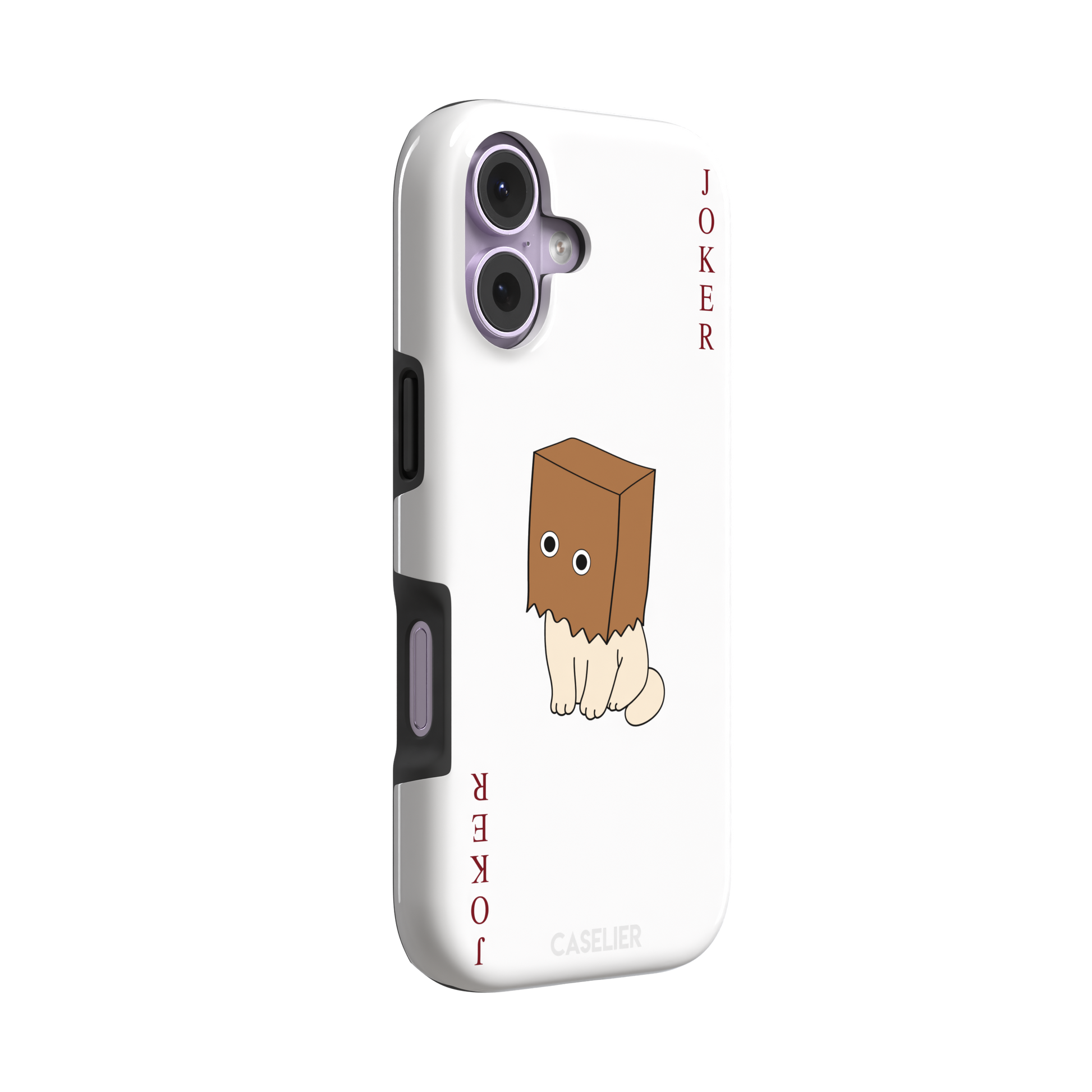 Spooky Joker phone case in white showing a cartoon cat with a brown paper bag over its head styled as a joker playing card, phone case by Caselier — tough case, left view
