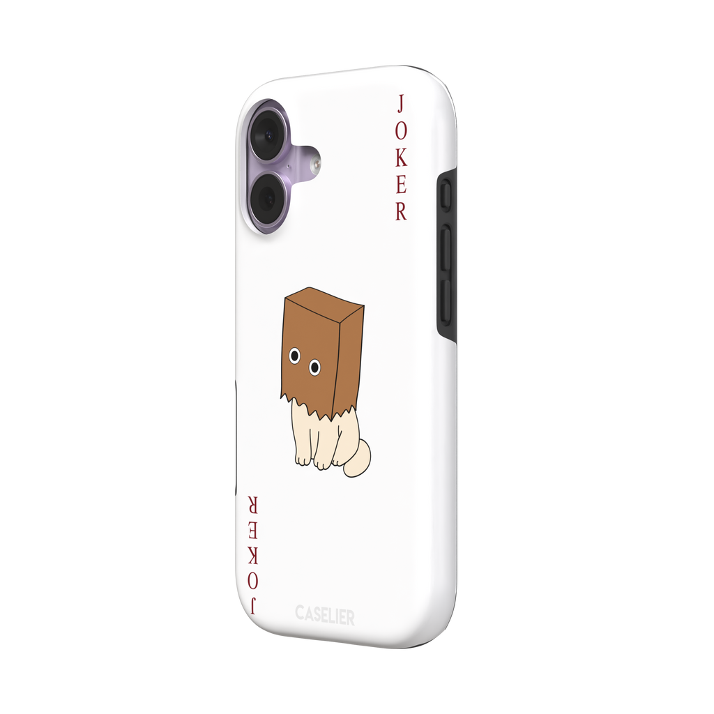 Spooky Joker phone case in white showing a cartoon cat with a brown paper bag over its head styled as a joker playing card, phone case by Caselier — tough case, right view