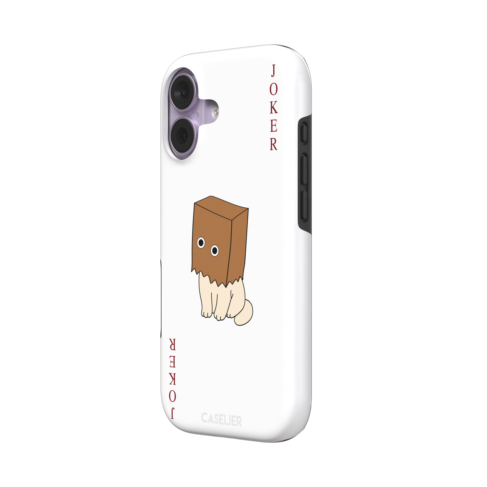 Spooky Joker phone case in white showing a cartoon cat with a brown paper bag over its head styled as a joker playing card, phone case by Caselier — tough case, right view