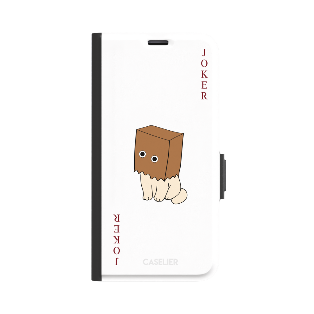 Spooky Joker phone case in white showing a cartoon cat with a brown paper bag over its head styled as a joker playing card, phone case by Caselier — wallet case, front view
