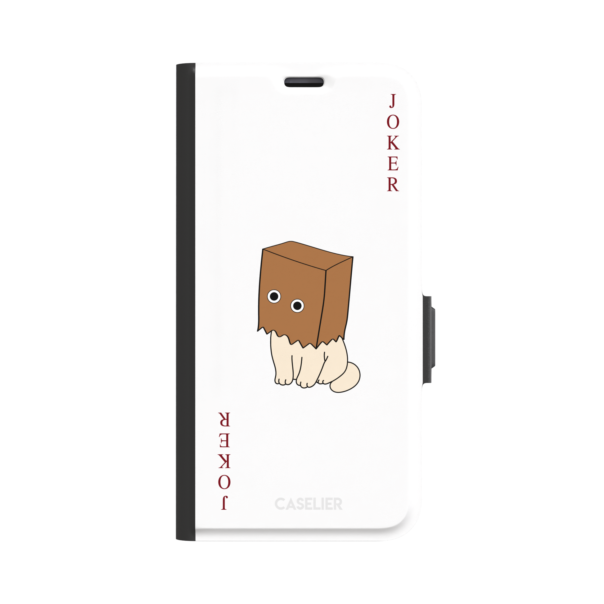 Spooky Joker phone case in white showing a cartoon cat with a brown paper bag over its head styled as a joker playing card, phone case by Caselier — wallet case, front view