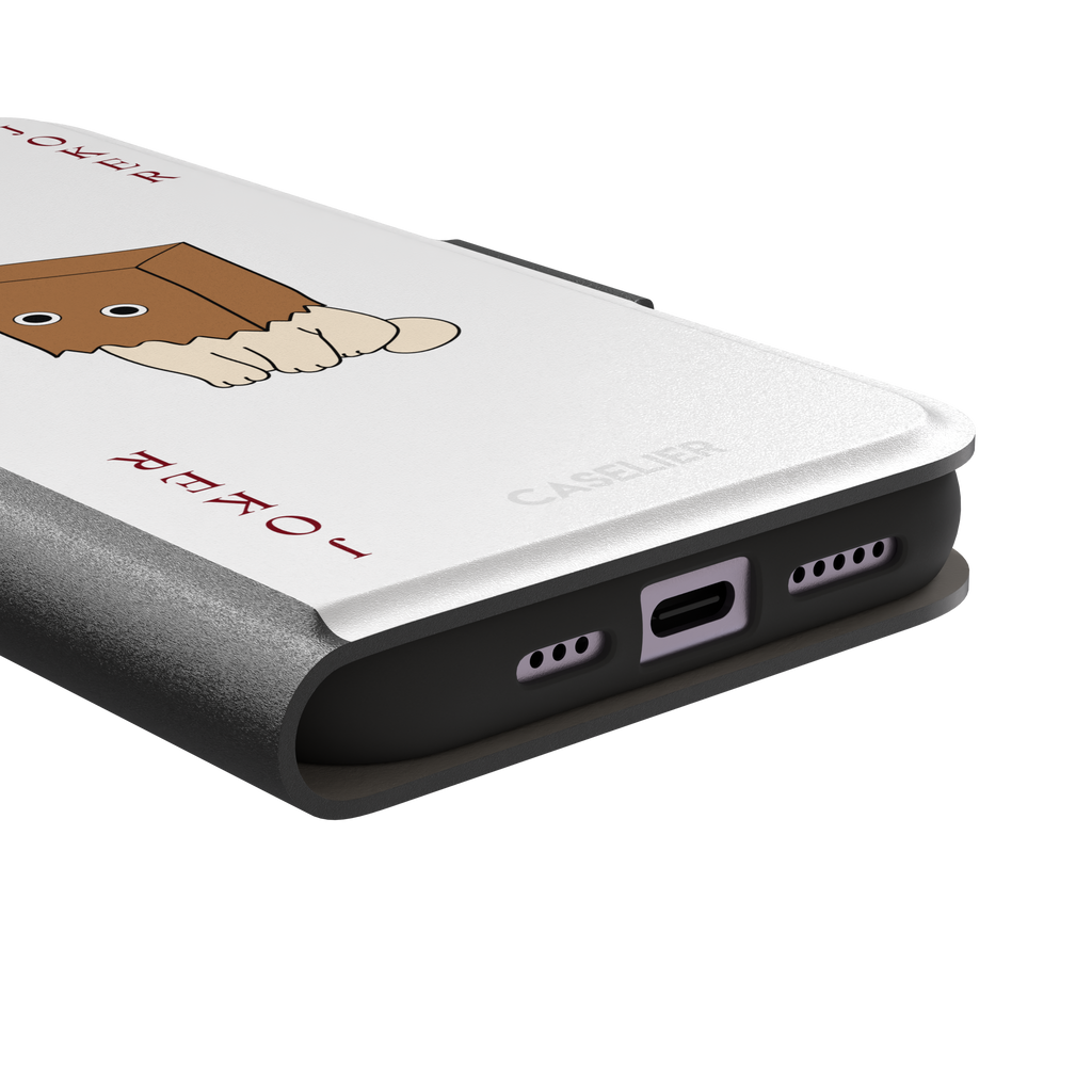 Spooky Joker phone case in white showing a cartoon cat with a brown paper bag over its head styled as a joker playing card, phone case by Caselier — wallet case, charging port detail