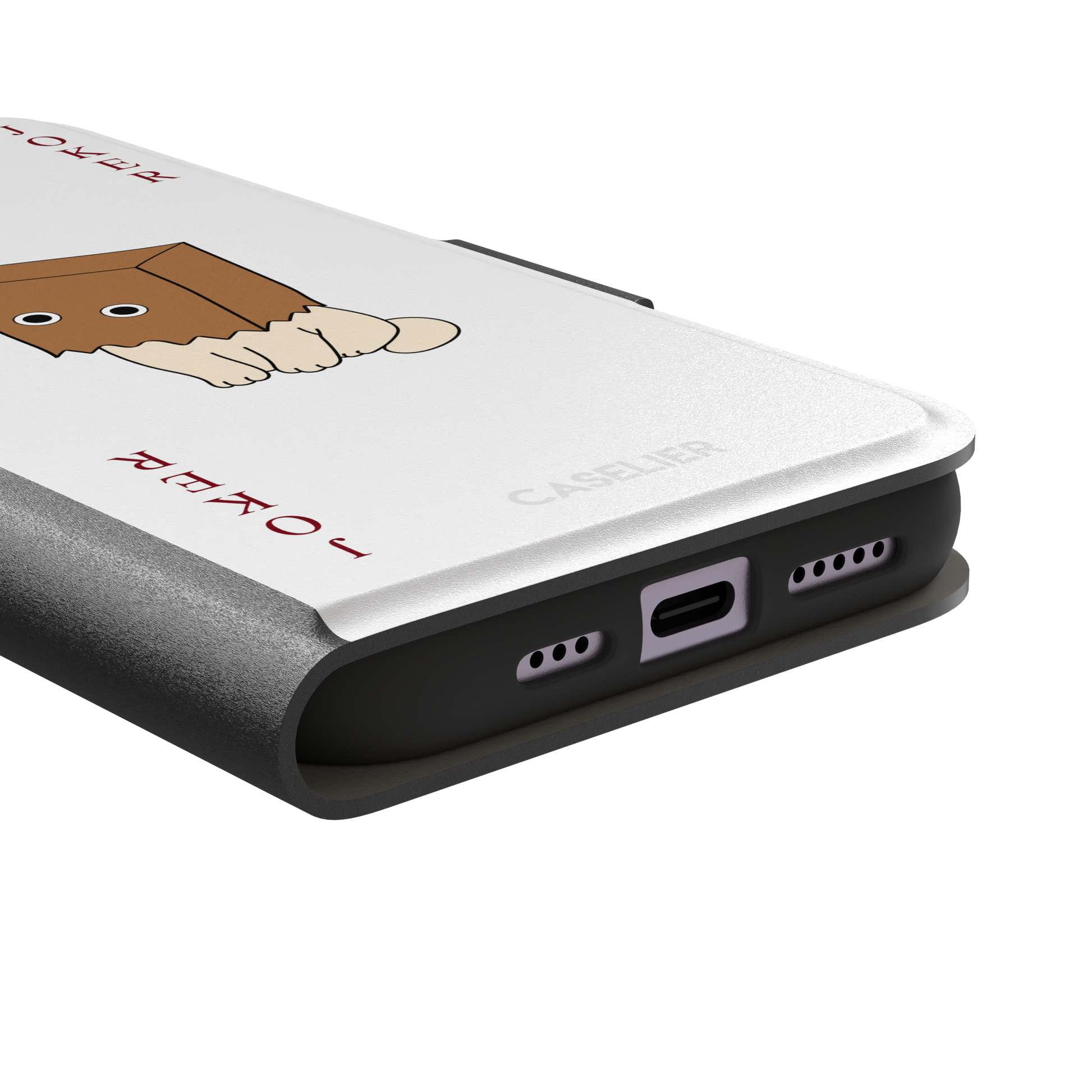 Spooky Joker phone case in white showing a cartoon cat with a brown paper bag over its head styled as a joker playing card, phone case by Caselier — wallet case, charging port detail
