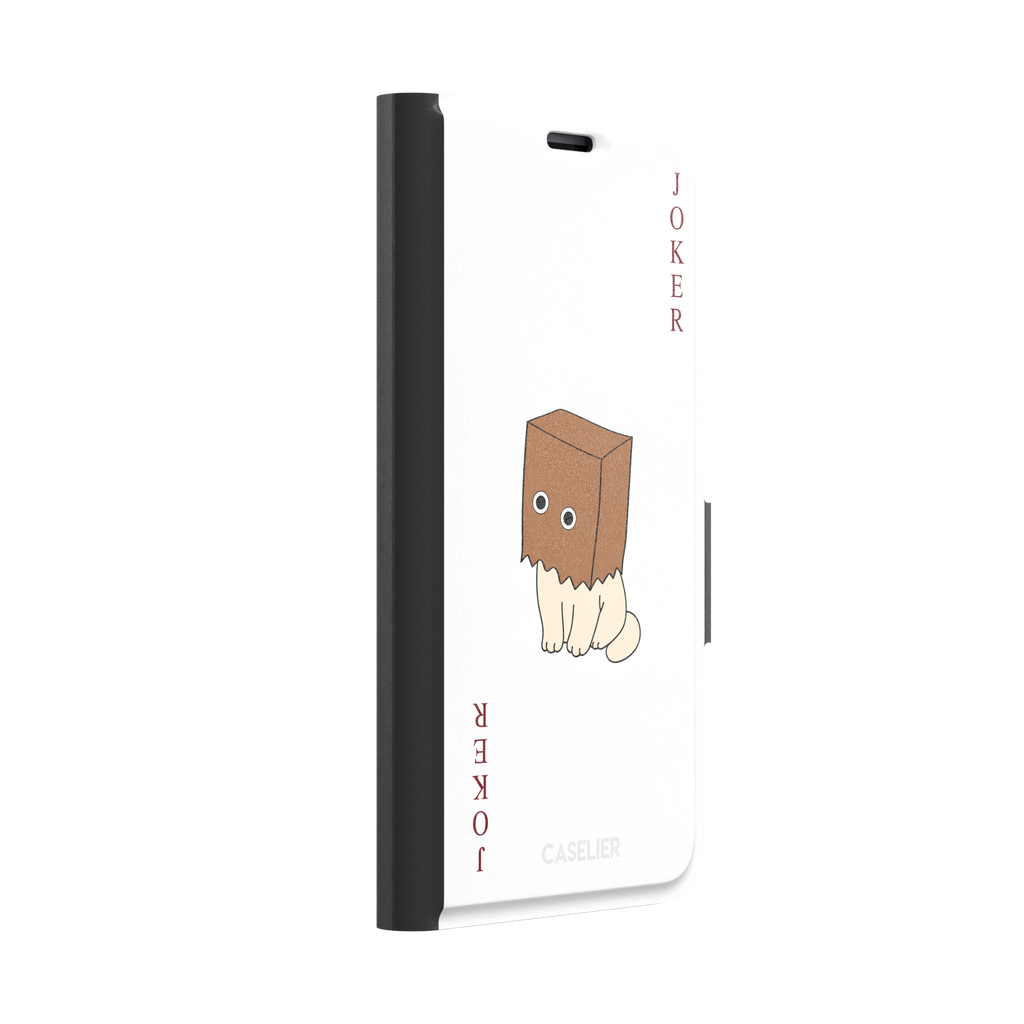 Spooky Joker phone case in white showing a cartoon cat with a brown paper bag over its head styled as a joker playing card, phone case by Caselier — wallet case, left view