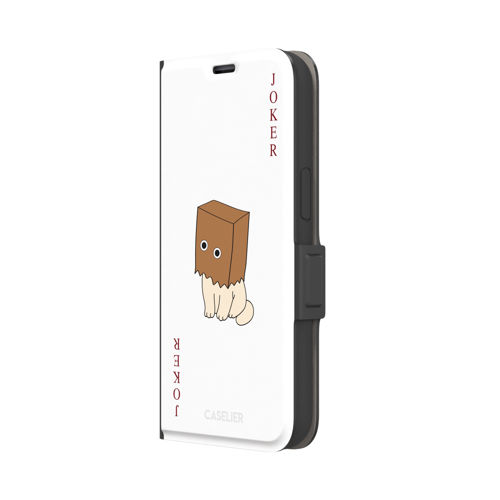Spooky Joker phone case in white showing a cartoon cat with a brown paper bag over its head styled as a joker playing card, phone case by Caselier — wallet case, right view