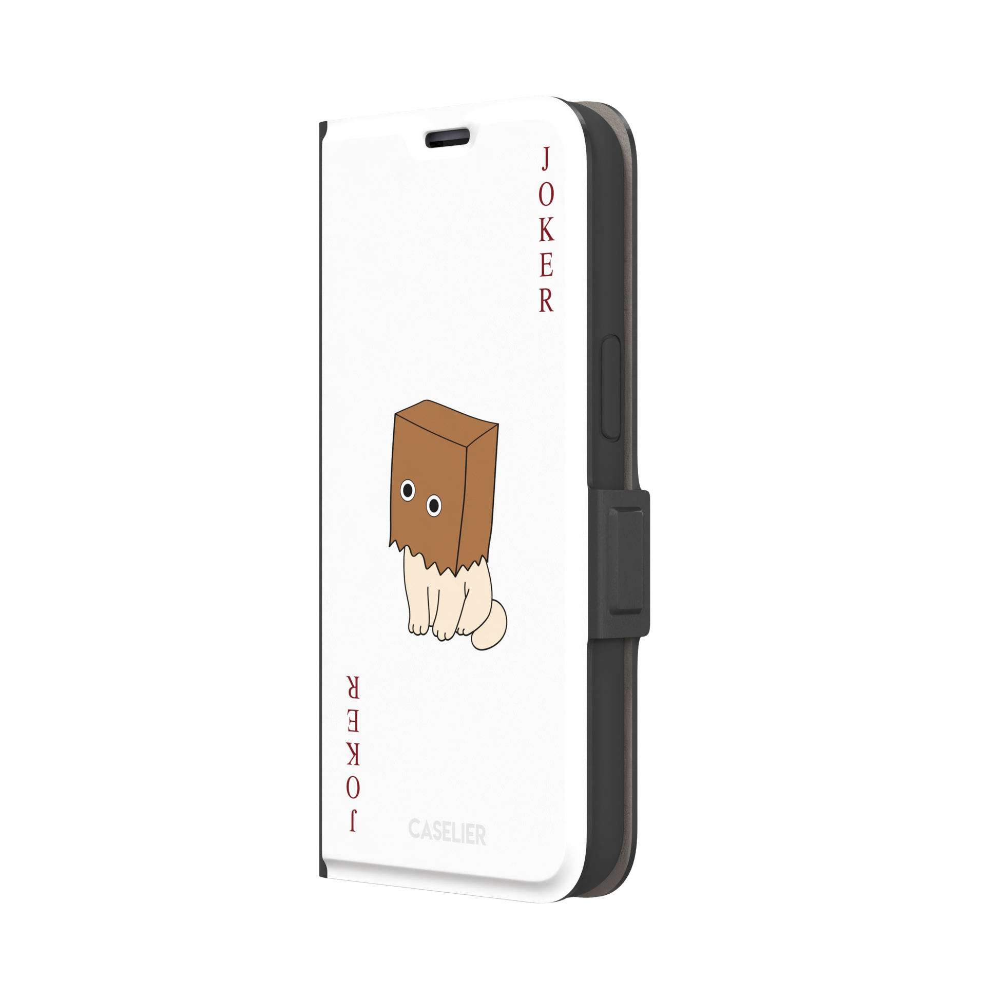 Spooky Joker phone case in white showing a cartoon cat with a brown paper bag over its head styled as a joker playing card, phone case by Caselier — wallet case, right view
