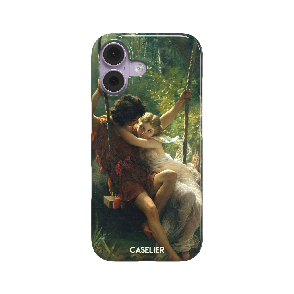 Springtime by Pierre Auguste Cot phone case featuring two lovers on a swing surrounded by lush green foliage, rich terracotta and soft ivory tones, phone case by Caselier — snap case, front view