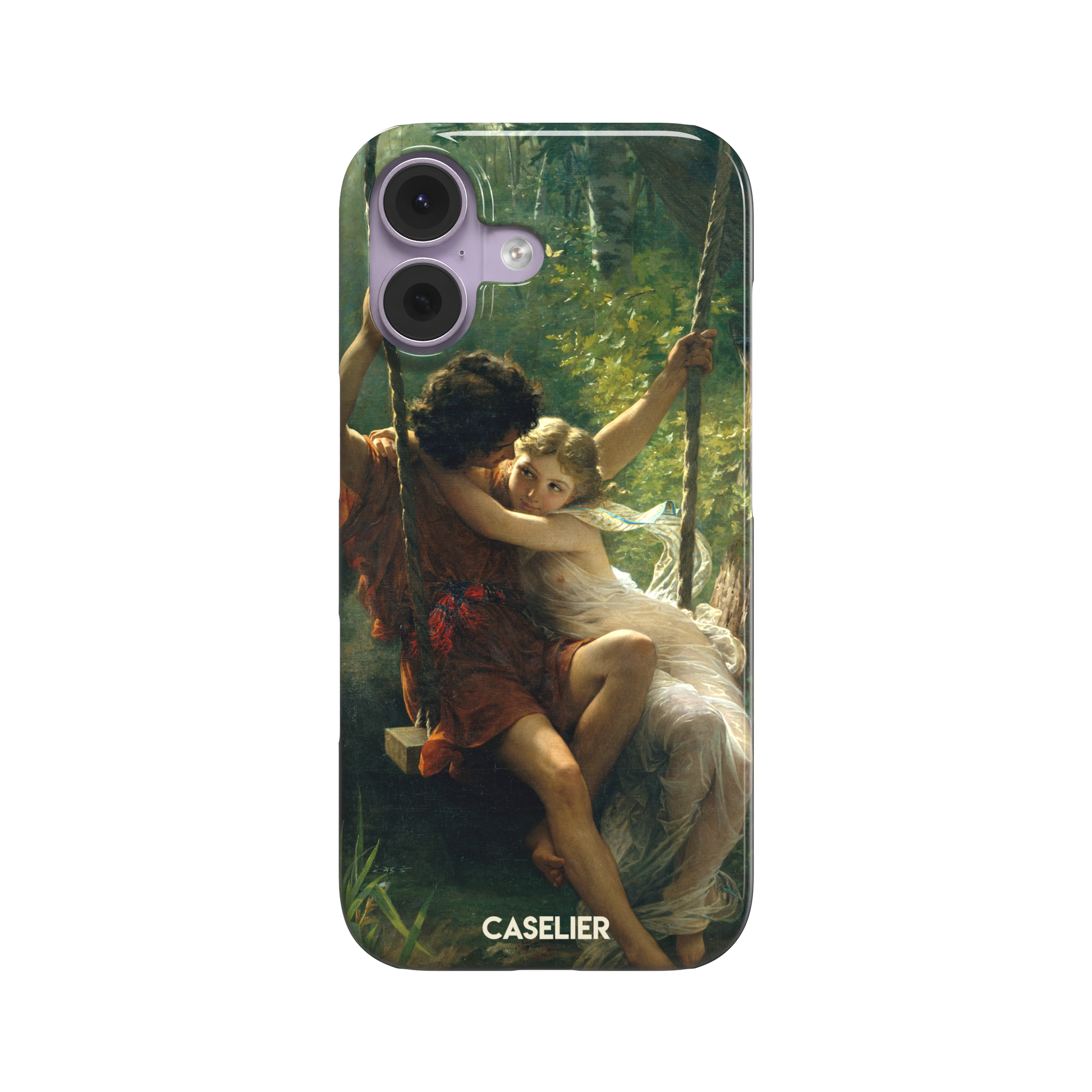Springtime by Pierre Auguste Cot phone case featuring two lovers on a swing surrounded by lush green foliage, rich terracotta and soft ivory tones, phone case by Caselier — snap case, front view