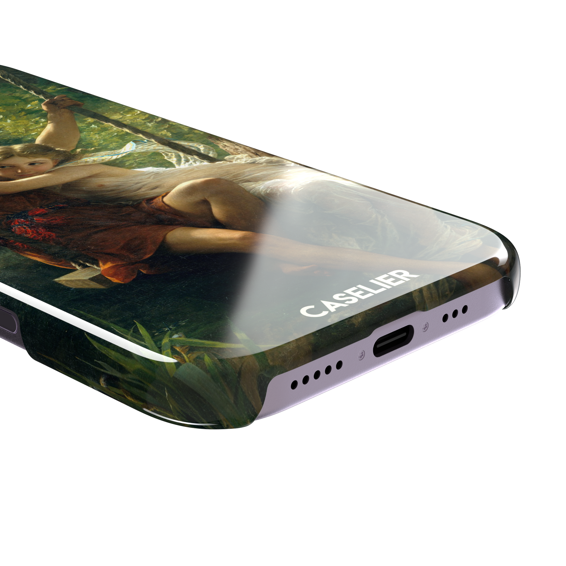 Springtime by Pierre Auguste Cot phone case featuring two lovers on a swing surrounded by lush green foliage, rich terracotta and soft ivory tones, phone case by Caselier — snap case, charging port detail