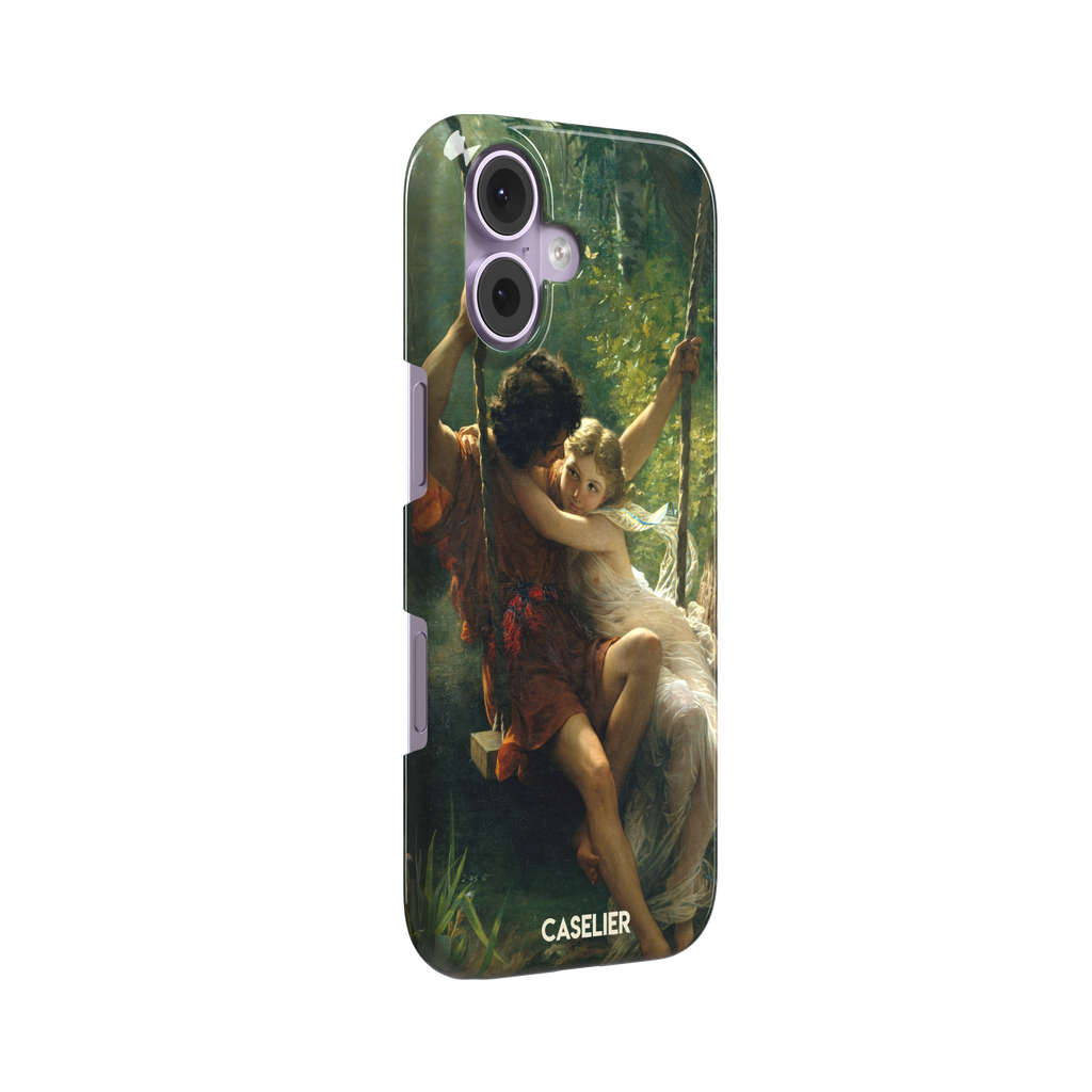 Springtime by Pierre Auguste Cot phone case featuring two lovers on a swing surrounded by lush green foliage, rich terracotta and soft ivory tones, phone case by Caselier — snap case, left view