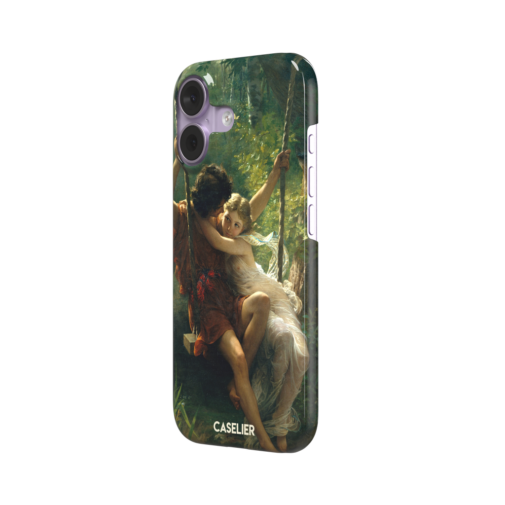 Springtime by Pierre Auguste Cot phone case featuring two lovers on a swing surrounded by lush green foliage, rich terracotta and soft ivory tones, phone case by Caselier — snap case, right view