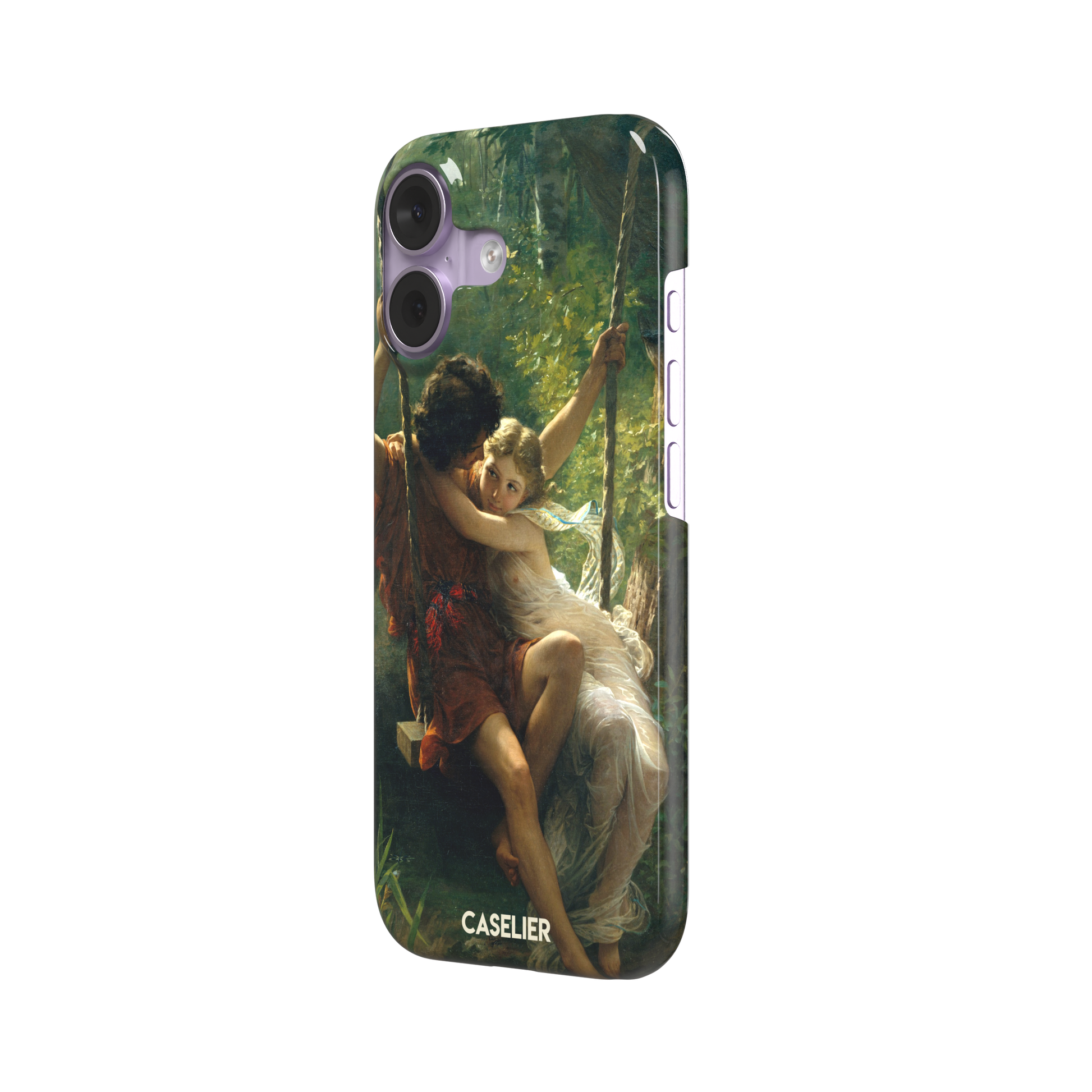 Springtime by Pierre Auguste Cot phone case featuring two lovers on a swing surrounded by lush green foliage, rich terracotta and soft ivory tones, phone case by Caselier — snap case, right view