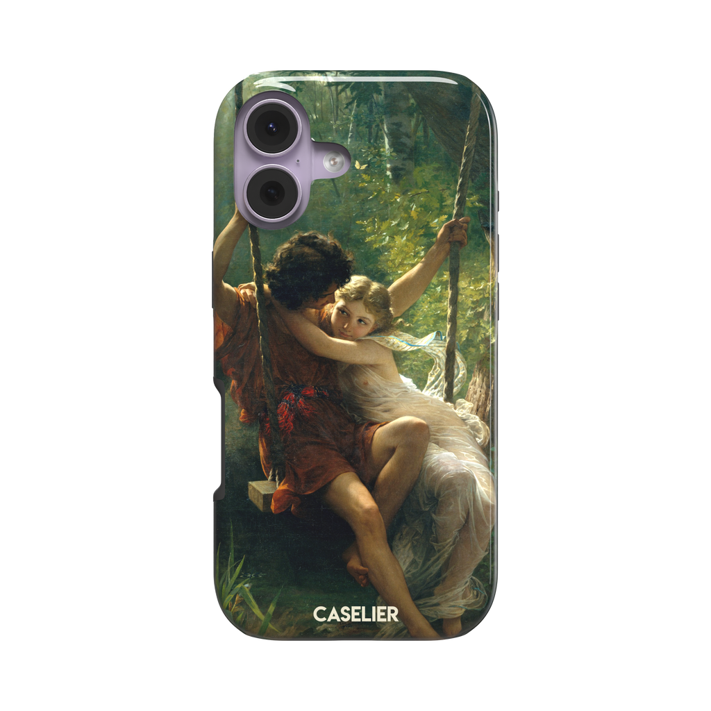 Springtime by Pierre Auguste Cot phone case featuring two lovers on a swing surrounded by lush green foliage, rich terracotta and soft ivory tones, phone case by Caselier — tough case, front view