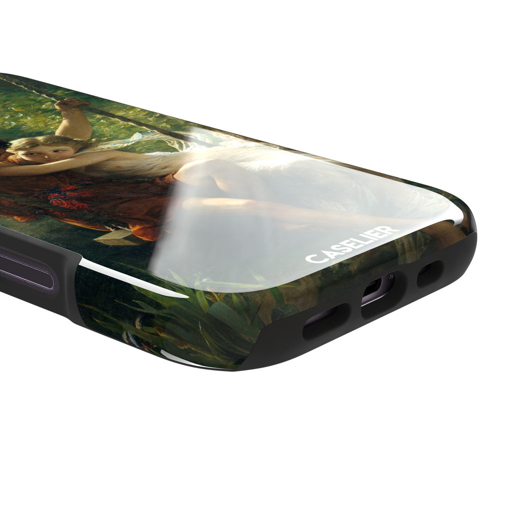 Springtime by Pierre Auguste Cot phone case featuring two lovers on a swing surrounded by lush green foliage, rich terracotta and soft ivory tones, phone case by Caselier — tough case, charging port detail