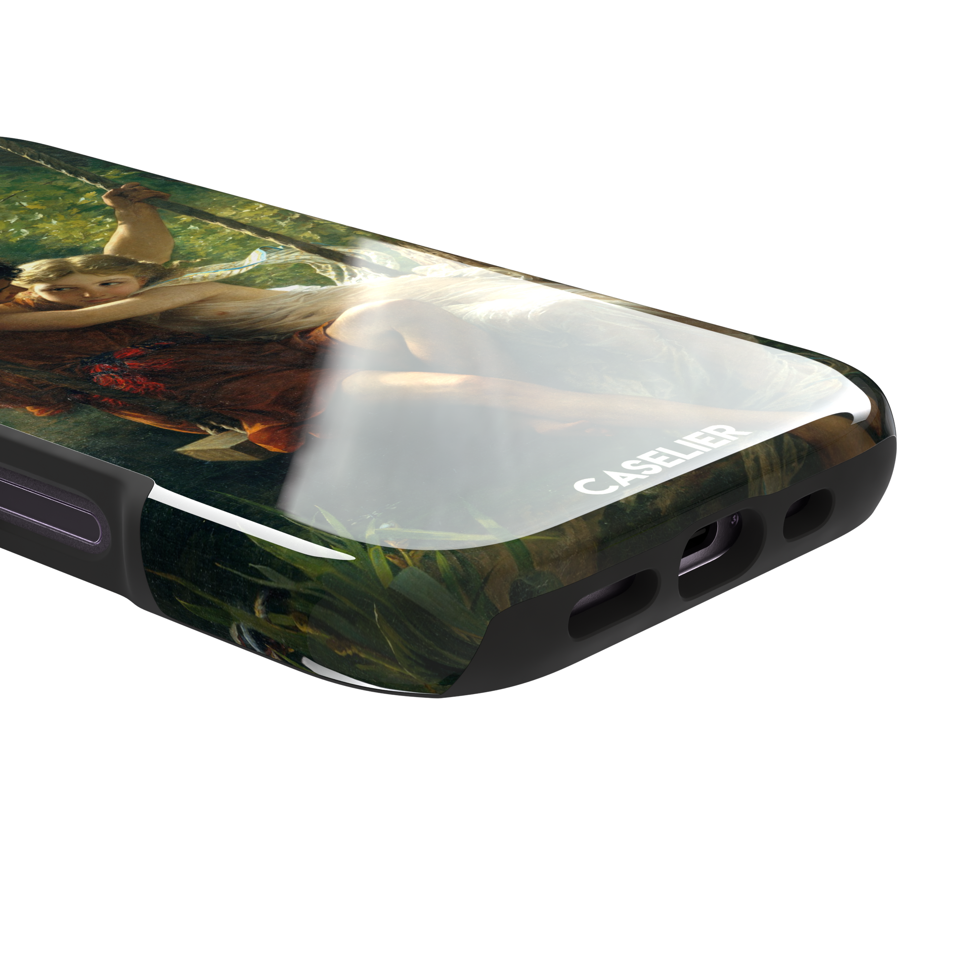 Springtime by Pierre Auguste Cot phone case featuring two lovers on a swing surrounded by lush green foliage, rich terracotta and soft ivory tones, phone case by Caselier — tough case, charging port detail